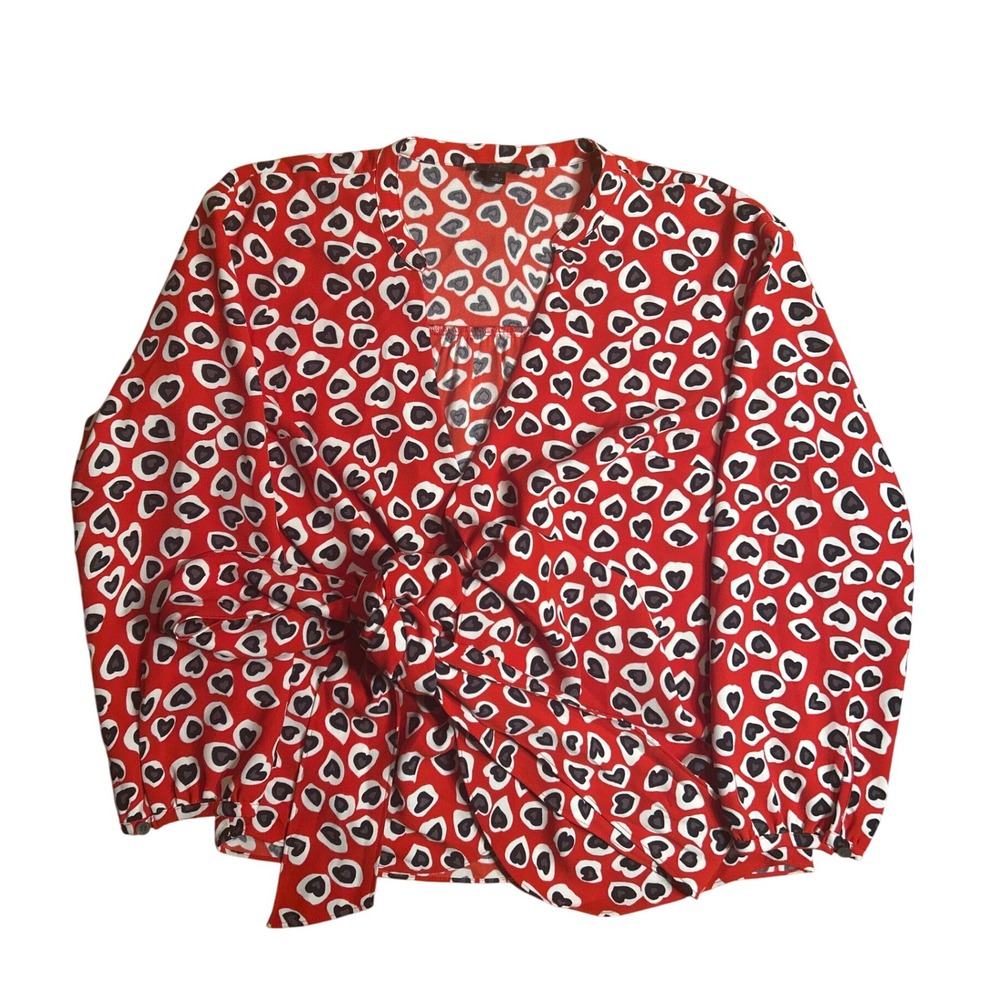 J. Crew Wrap Tie Blouse‎ Red Heart Print Women's Size Small EUC